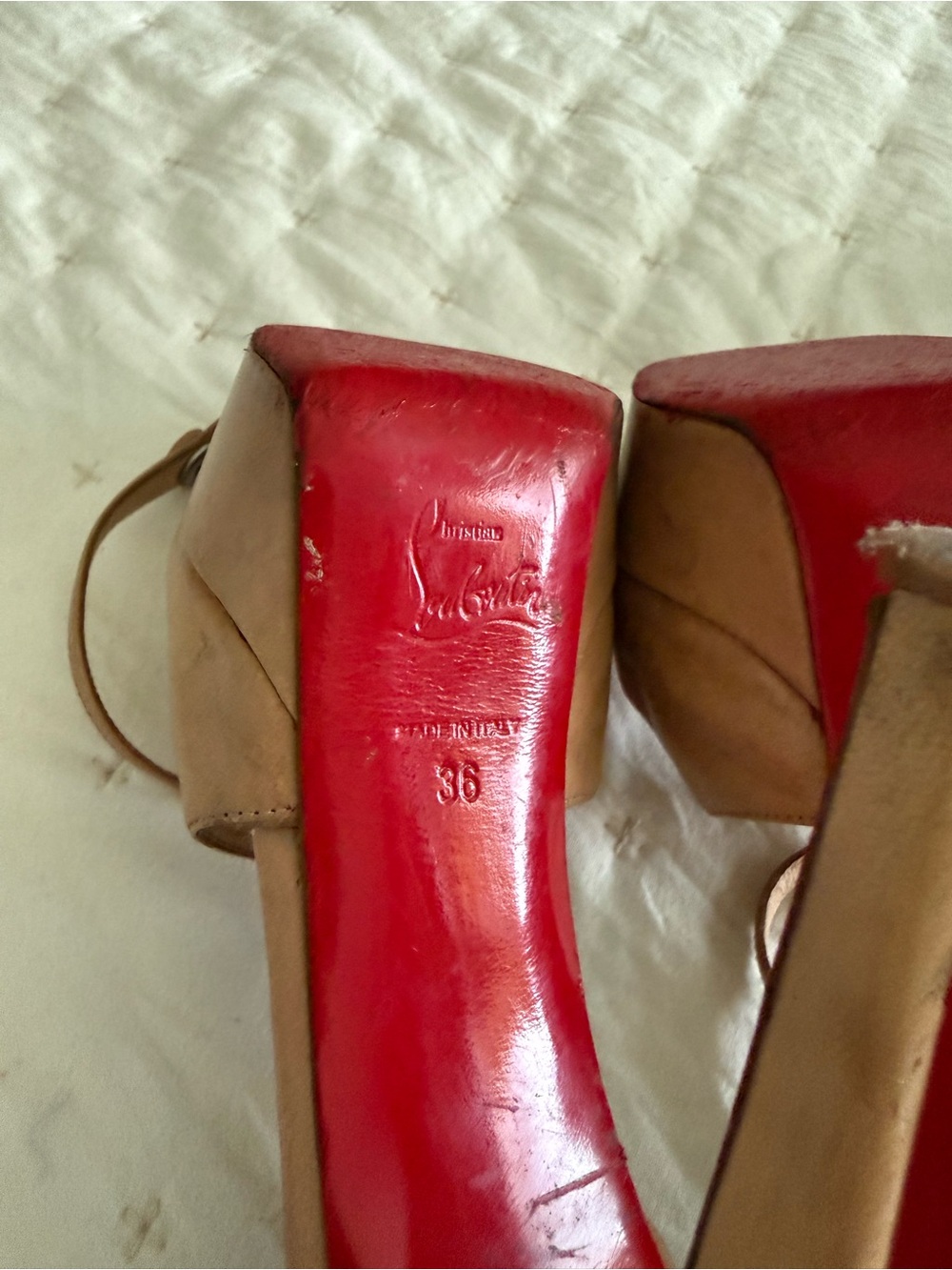 Christian Louboutin Beige Leather Ankle-Strap Heels with Red Soles - Picture 7 of 8